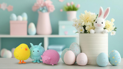 A nursery room filled with pastel colored Easter decorations, in